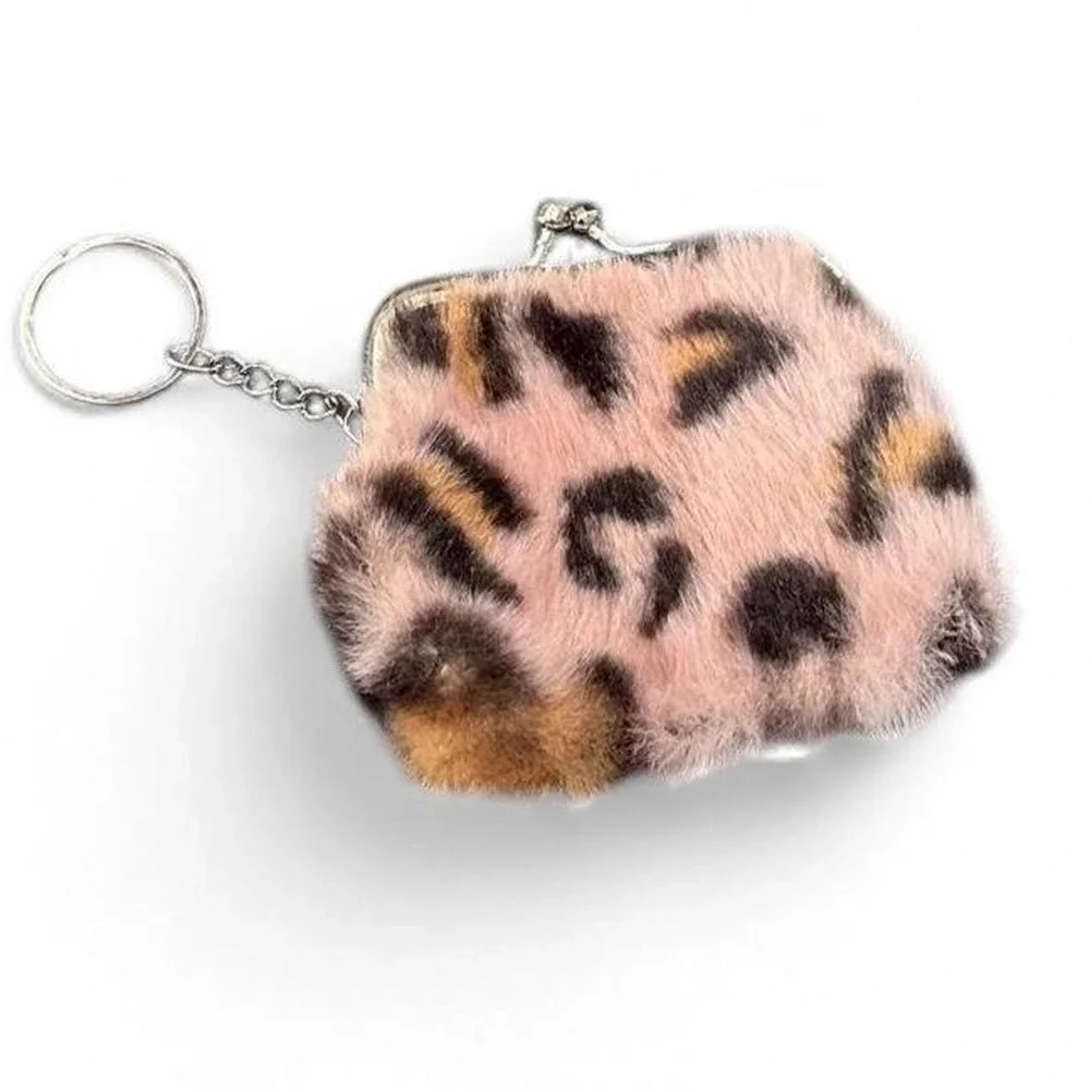 NWOT Fuzzy Animal Print Keychains with Pink Base & Silver Hardware